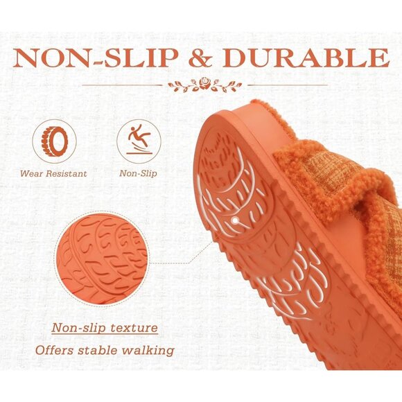 Women's Orange Fuzzy Furry Faux Fur Cross Band Arch Open Slippers Slides Shoes - Picture 7 of 8